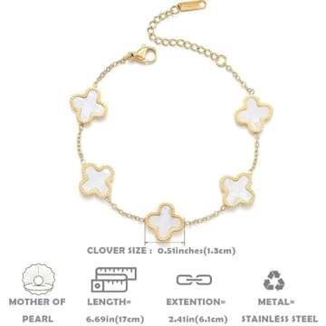 18K Gold Plated Four Leaf Clover Bracelet for Women Lucky Link Clover Bracelets,Unique Jewelry Gifts Trendy for Women, Christmas Valentine's Mother's Day Gifts (White)