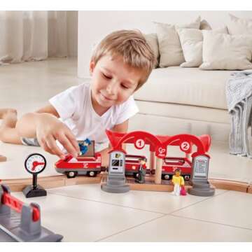 Hape Wooden Busy City Train Rail Set| 51 PCs Pretend Play Railway Set for Kids Age 3Y+