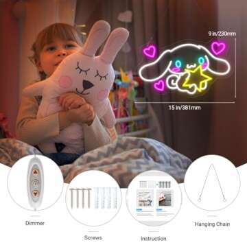 Cinnamoroll Neon Sign Anime Light, 3D Wall Art Cute LED Neon for Bedroom Game Room Apartment, Japanese Cartoon Character Dog Image Adorable Home Decor Night Lamp Personalized Gift for Her Kids - 15"