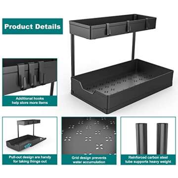 NATURE'S SOURCE Under Sink Organizers, Sliding L-shape Cabinet Organizers Narrow Space Storage Multi-purpose Sink Organizer for Bathroom Kitchen Drawer (Black, 1 pack)