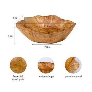 DeziWood Irregular Wooden Bowls for Decor, Unique Hand Carved Decorative Farmhouse Wooden Fruit Bowls, Large Wood Bowl for Nut Keys Jewelry Pine Cones Entryway Table Display (10"-12")