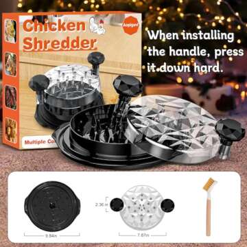 Chicken Shredder with Brush Chicken Shredder Tool Twist Stable Anti-Slip BPA Free Meat Shredder Tool Twist Ergonomic Handle Meat Grinder Dishwasher-safe Transparent Lid Black