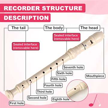 Soprano Recorder Instrument for Kids&Student - German Fingering 8 Hole Flute ABS Descant Recorders for Beginners with Cleaning Rod and Bag, Beige