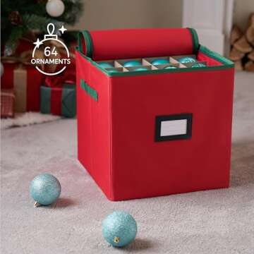 Joiedomi Christmas Ornament Storage Box - Holds 64 Ornaments, Dual Zipper