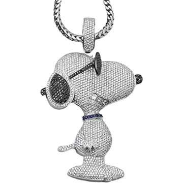 Ssjewel Hip Hop Iced Out 14K White Gold Finish Snoopy Dog Cartoon Pendant 925 Sterling Silver Diamond Studded Iced Out Pendant Rapper Charm Pendant for Men Women White