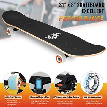 Skateboards for Beginners, 31"x8" Complete Skateboard for Kids Teens & Adults, 7 Layer Canadian Maple Wood Double Kick Deck Concave Standard and Tricks Skateboard with All-in-1 Skate Tool