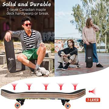 Skateboards for Beginners, 31"x8" Complete Skateboard for Kids Teens & Adults, 7 Layer Canadian Maple Wood Double Kick Deck Concave Standard and Tricks Skateboard with All-in-1 Skate Tool