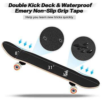 Skateboards for Beginners, 31"x8" Complete Skateboard for Kids Teens & Adults, 7 Layer Canadian Maple Wood Double Kick Deck Concave Standard and Tricks Skateboard with All-in-1 Skate Tool