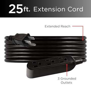 UltraPro 25 Ft Outdoor Extension Cord 3 Outlet Extension Cords Outlet Power Strip Long Extension Cord with Multiple Outlets Grounded Heavy Duty Extension Cord 16 Gauge UL Listed Black 36825-T1