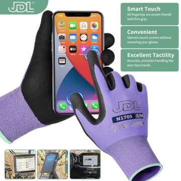 JDL Safety Work Gloves Nitrile Coated, Garden Gloves for Men & Women, 3 pairs, Grip Gloves with Touchscreen Fingers, Seamless Knit Nylon Gloves, Purple, Small