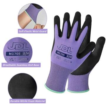 JDL Safety Work Gloves Nitrile Coated, Garden Gloves for Men & Women, 3 pairs, Grip Gloves with Touchscreen Fingers, Seamless Knit Nylon Gloves, Purple, Small