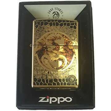 Zippo Custom Lighter - Ann Stokes Artist Dragon w/ Scales Design High Polish Brass