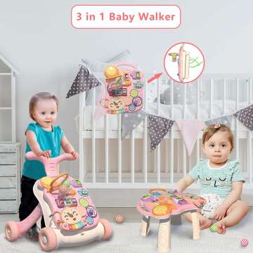 QDRAGON 3 in 1 Baby Walker and Activity Center for Baby Girl,Toddler, Learning to Walk, Sit to Stand, Early Learning Push Toys for Infant 6-12 Months Pink