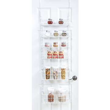 Smart Design Over The Door Adjustable Pantry Organizer Rack w/ 6 Adjustable Shelves - Steel Metal - Hanging - Wall Mount - Cans, Spice, Storage, Closet - Kitchen [White]