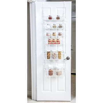 Smart Design Over The Door Adjustable Pantry Organizer Rack w/ 6 Adjustable Shelves - Steel Metal - Hanging - Wall Mount - Cans, Spice, Storage, Closet - Kitchen [White]