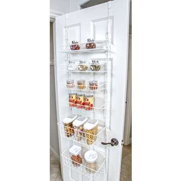 Smart Design Over The Door Adjustable Pantry Organizer Rack w/ 6 Adjustable Shelves - Steel Metal - Hanging - Wall Mount - Cans, Spice, Storage, Closet - Kitchen [White]