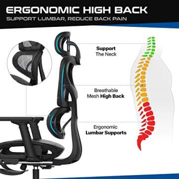 Ergonomic Office Chair, Mesh Home Desk Chairs with Footrest, High Back Computer Chair with Adjustable Arms Headrest Height for Office Home Work