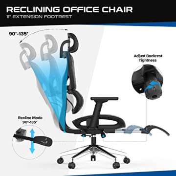 Ergonomic Office Chair, Mesh Home Desk Chairs with Footrest, High Back Computer Chair with Adjustable Arms Headrest Height for Office Home Work