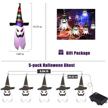 Shearly Outdoor Halloween Decor,Hanging Outdoor String Lights Glowing Ghost Witch Hat,5 Pcs Extra Long Ghost Witch Hat Halloween Indoor Decorations,3 M Waterproof Witch Hat for Garden, Yard, Tree