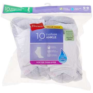 Hanes Womens Value, Ankle Soft Moisture-wicking Socks, Available In 10 And 14-packs Athletic-socks, White - 10 Pack, 5-9 US