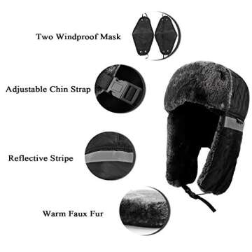 Ushanka Winter Russian Trapper Hats - Men Trooper Hat Black Hunting Skiing Cap with Ear Flaps 2 Pcs Windproof Mask for Cold Weather