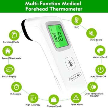 Forehead Thermometer for Fever, Digital Medical Infrared Thermometer for Baby, Kids and Adults, Non-Contact Temporal Thermometer with Instant Accurate Reading, Fever Alarm and Memory Function