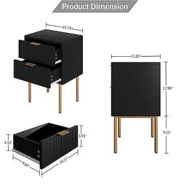 Aobafuir Night Stand, Modern Nightstand with Drawers, End Tables Living Room, Small Gold Side Table for Bedroom, Bedside Furniture (02-Black Stripe, 2 Drawer)