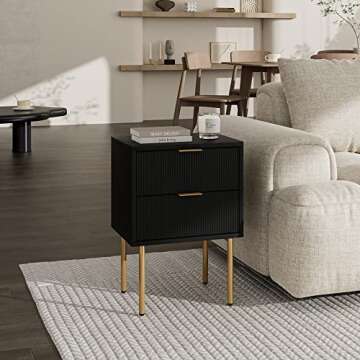 Aobafuir Night Stand, Modern Nightstand with Drawers, End Tables Living Room, Small Gold Side Table for Bedroom, Bedside Furniture (02-Black Stripe, 2 Drawer)