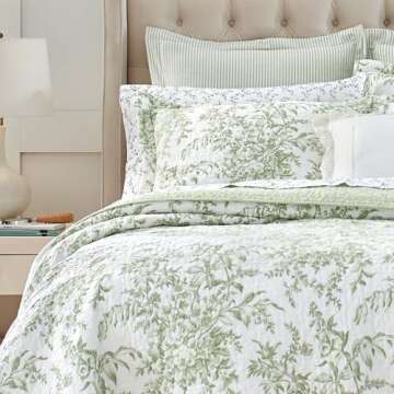 Laura Ashley - King Quilt Set, Reversible Cotton Bedding with Matching Shams, Lightweight Home Decor for All Seasons (Bedford Green/Off-White, King)