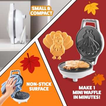 Thanksgiving Turkey Mini Waffle Maker- Make Holiday Breakfast Special for Kids, Adults w Cute Design, 4" Waffler Iron Electric Nonstick Appliance- Fun Festive Fall Gift Dessert, Friendsgiving Brunch