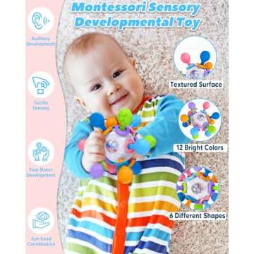 Baby Teething Toys for 0-6 6-12 Months Ages 0-2, Tummy Time Montessori Toys for Babies 0 3 6 9 12 18 Months, Newborn Infant Rattles Chew Sensory Toys, Baby Shower Gifts for Boys Girls