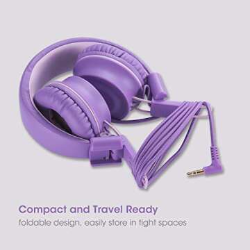 iRAG J01 Kids Headphones Foldable Stereo Tangle-Free 5ft Long Cord 3.5mm Jack Plug in Wired On-Ear Headset for Children/Teens/Boys/Girls/iPad/School/Kindle/Travel/Plane/Tablet (Lavender)