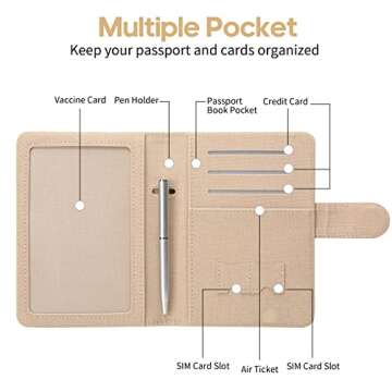 MCmolis Passport and Vaccine Card Holder Combo,RFID Blocking Leather Cover Case Travel Documents Organizer Protector With CDC Vaccination Card Slot and Magnetic Buckle-Fabric Tan