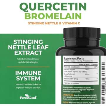 ForestLeaf Quercetin with Bromelain 1350mg - Blend with Vitamin C & Stinging Nettle Supplement, Quercetin 500mg Capsules, Non-GMO Gluten Free, Natural Immune & Respiratory Function, 90 Veggie Caps