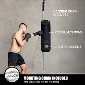 Canvas Punching Bags MMA Muay Thai Kickboxing Training Boxing Punching Bag with Chains (Black) - UNFILLED