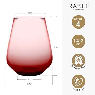 RAKLE Wine Glasses Set of 4, 14.3oz, Red Gradient, Premium Lead-Free Glass, Stemless Drinking Glasses for Wine, Cocktails, Bar Drinks