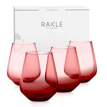 RAKLE Wine Glasses Set of 4, 14.3oz, Red Gradient, Premium Lead-Free Glass, Stemless Drinking Glasses for Wine, Cocktails, Bar Drinks