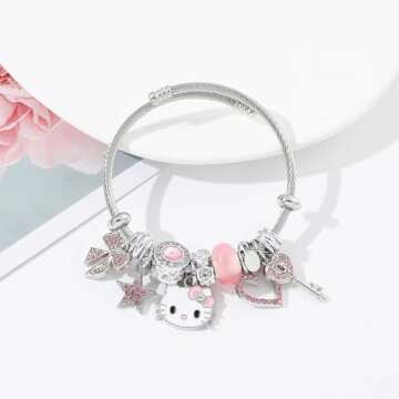 Cute Bracelets, Adjustable Stainless Steel Composite Bracelet Bangles, Classic Cartoon Design Jewelry, Gift for Her (Pink)