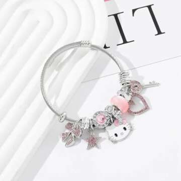 Cute Bracelets, Adjustable Stainless Steel Composite Bracelet Bangles, Classic Cartoon Design Jewelry, Gift for Her (Pink)