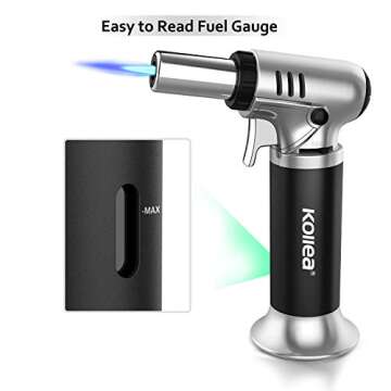 Kollea Butane Torch Lighter, Mini Kitchen Cooking Torch Lighter with Fuel Gauge & Continuous Flame Lock & Nozzle, Culinary Blow Creme Brulee Torch for Baking Food Desserts (Butane Gas Not Included)