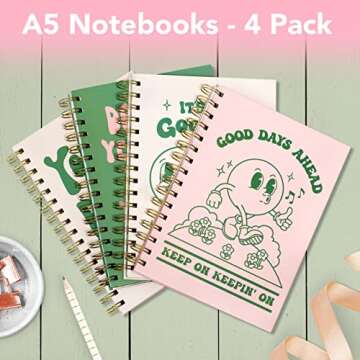 Pink Green Aesthetic Hardcover Notebooks for Work, A5 size 5.8 x 8.3 inch, Cute Notebooks for School 4 Pack, Retro Notebooks College Ruled, Cute Spiral Journal for Women, Kids Back to School Notebook