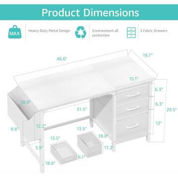 Lufeiya White Computer Desk with File Drawers Cabinet, 47 Inch Home Office Desks with Fabric Filing Cabinet for Small Space, Modern Writing Table PC Desks, White