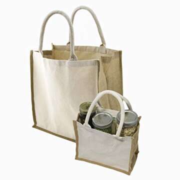 Simple Ecology Organic Canvas & Jute Reusable Tote and Grocery Shopping Bag - XL & Mini Tote Set of 2