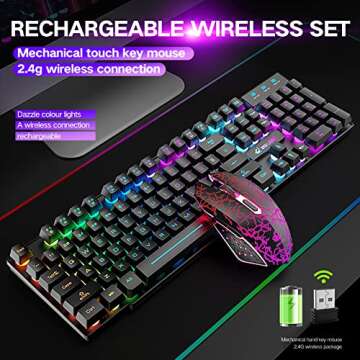 Wireless Gaming Keyboard and Mouse Combo Rainbow Backlight Quiet Ergonomic Mechanical Feeling Anti-ghosting Keyboard Mouse with Rechargeable 4000mAh Battery Mouse Pad for Computer Mac Gamer