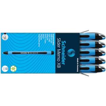 Schneider Slider Memo XB (Extra Broad) Ballpoint Pen, 1.4 mm, Light Blue Barrel, Black Ink, Box of 10 Pens (150201)