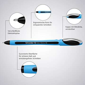 Schneider Slider Memo XB (Extra Broad) Ballpoint Pen, 1.4 mm, Light Blue Barrel, Black Ink, Box of 10 Pens (150201)