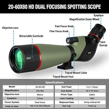 Gosky 20-60X80 HD Dual Focusing Spotting Scope, BAK4 Prism 45 Degree Angled Eyepiece with Tripod, Smartphone Adapter, Scope for Bird Watching Target Shooting Hunting Wildlife Scenery