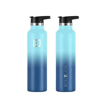 IRON °FLASK Camping & Hiking Hydration Canteens - 3 Lids (Narrow Straw Lid) Leak Proof Vacuum Insulated Stainless Steel - Hot & Cold Double Walled Sports Water Bottle - Blue Waves, 24 Oz