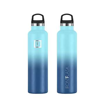 IRON °FLASK Camping & Hiking Hydration Canteens - 3 Lids (Narrow Straw Lid) Leak Proof Vacuum Insulated Stainless Steel - Hot & Cold Double Walled Sports Water Bottle - Blue Waves, 24 Oz