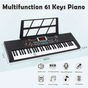 pugdodo Keyboard Piano for Kids, 61 Key Piano Keyboard, Multifunctional Music Piano with Teaching Mode, Portable Keyboard Piano, Christmas Birthday Gift for Girls and Boys (black)